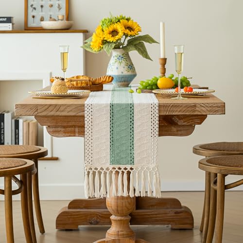 Image of FEXIA Boho Table Runner for Home Decor with Tassels 108 Inches Long,Sage Green Farmhouse Rustic Table Runner Macrame Burlap Table Decoration for Living Room Bridal Shower(12x108 Inches)