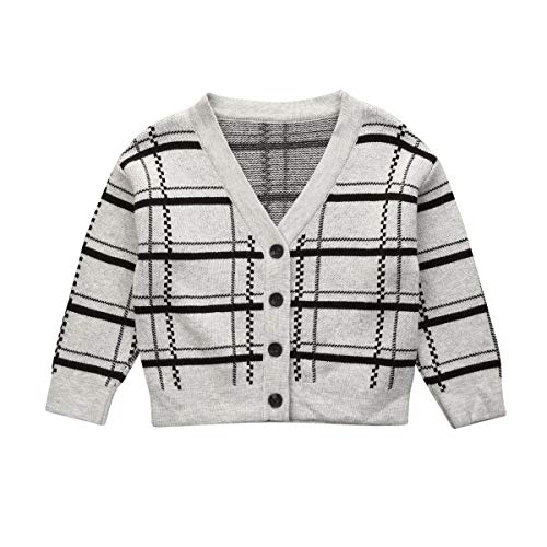 Baby Boys Girls Plaid V-Neck Knit Coats Toddler Fall Winter Cardigan Button-up Sweaters Warm Tops Outfits (6-12 M, Grey)