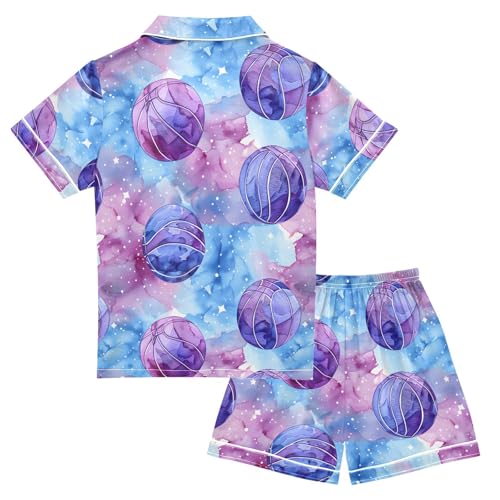 ALAZA Basketball Watercolor Blue Satin Pajamas Set Short Sleeve Button Down Sleepwear Summer Pjs 2 Piece2