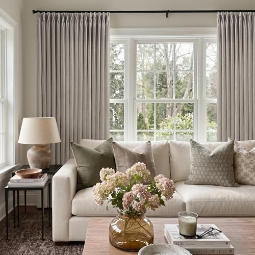 Image of 96 Inch Curtains 50 Inch Width Pinch Pleated Taupe 1 Panel Semi Sheer | Memory Training Shaped, Non See Through, Light Filtering, Hooks Rings, Back Tab, for Living Room, Bedroom, Greige, 50x96