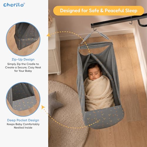 Image of Cherilo Baby Swing Cradle(Jhula) with Mosquito Net, Spring Hanger & Metal Window Cradle Stand - Grey Leaf - Full Set