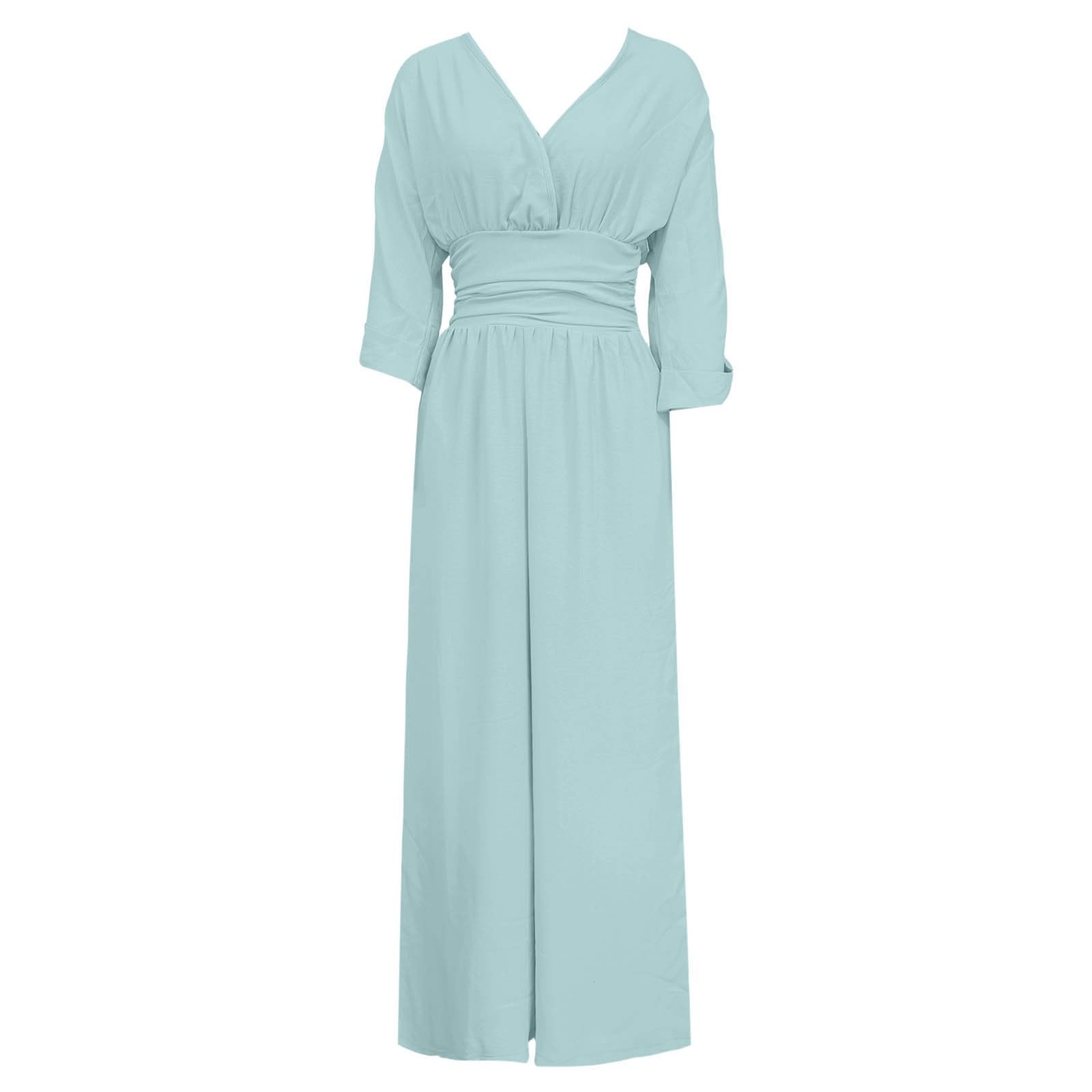 Générique Combinaison Femme Chic Élégante Col V Jambes Larges avec Poches Jumpsuit Manches 3/4 Souris Fluide Combinaison Pantalon pour Travail Bureau Soirée Mariage