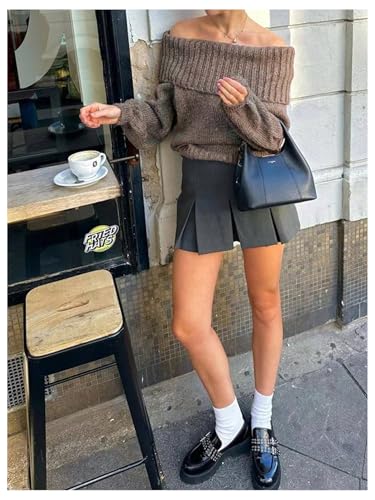 Floerns Women's Off Shoulder Sweater Long Bishop Sleeve Foldover Knitted Pullover Sweaters3