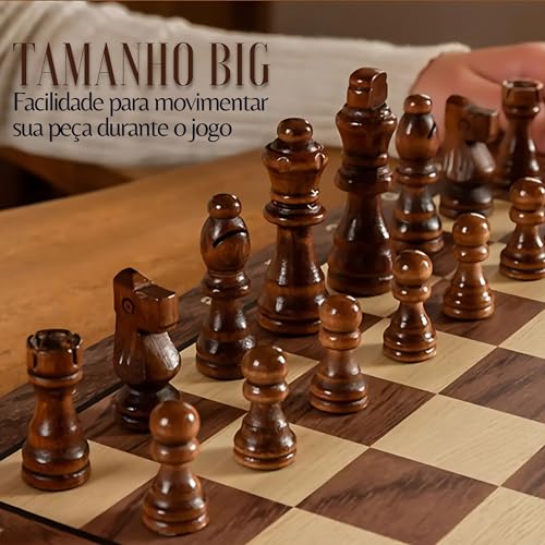 Jogo Xadrez Clássico Profissional Grande Luxo Tabuleiro Peças 100% Madeira Reflorestada Acabamento e