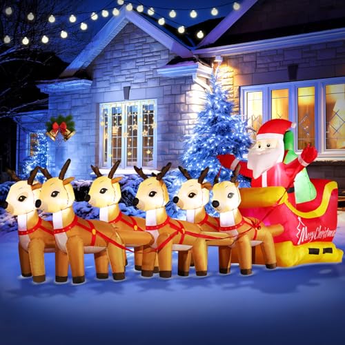 DomKom 13.6 FT Huge Christmas Inflatable Santa Claus on Sleigh with Six Reindeers, Giant Blow Up Yard Decoration, Built-in LED Lights Decoration for Christmas Party, Holiday Lawn Winter Decor