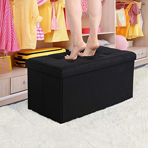 Wonenice Linen Folding Storage Ottoman Bench, Storage Chest Footrest Padded Seat, 30 X 15 X 15 Inches (Linen Black) #TOP4