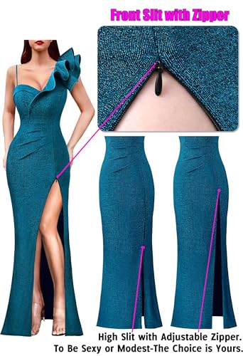 Image of VFSHOW Womens Ruffle One Shoulder Strap Ruched Formal Prom Wedding Maxi Dress V Neck Elegant Split Cocktail Evening Long Gown