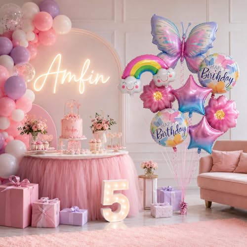 Image of AMFIN (Pack of 8) Butterfly Theme Birthday Balloon Bouquet Pink Blue Metallic Finish Foil Women Girls Decoration Item Kit Rainbow Flower