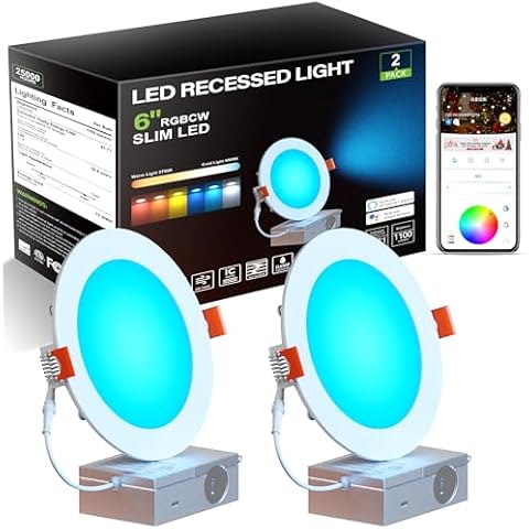 CHARKEE Smart Recessed Lights 6inch, RGBCW Color Changing LED Downlights with Junction Box 13W, 1100 Lumens, RGB & White Dimmable Color Changing Downlight Work with Alexa & Google Home Assistant 2pack Cover