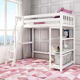Max & Lily High Loft Bed, Twin Bed Frame For Kids With Bookcase, White