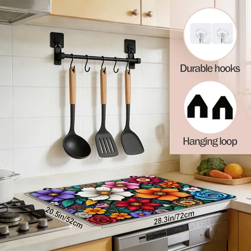 Image of Vibrant Mandala Floral Stove Cover for Electric and Glass Stove Tops 3-in-1 Stove Mat, Heat Resistant Counter Protector Mat, Non-Slip Surface & Drying Rack, 28.5 inchLx20.5 inchW