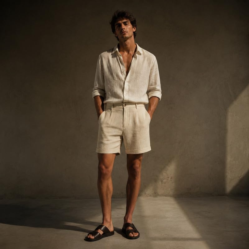 Herren-Bermuda aus Leinen, Kurze Sommerhose Regular Fit, Elegante Casual-Shorts mit Taschen und Umschlagsaum, mediterraner Stil für Strand, Urlaub und Alltag