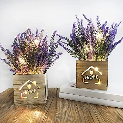 AceList 2 Plantas Artificiales Decorativas con Luces LED en Caja de Madera Cover