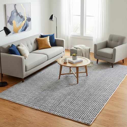 Image of Hand-Tufted 100% Wool Pile Area Rug - Geometric Textured Grid Check Pattern - Thick and Durable Floor Carpet for Bedroom, Living Room, Kids Room, and Dining Area (Charcoal Gray, 8' x 10')