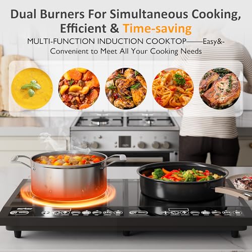 Image of Sunvivi Portable Induction Cooktop: 2 Burners in 1, Commercial-Grade Electric Countertop Stove with LED Touchscreen, 8 Power Levels & Precise Temp Control (176F-518F), Independent Timer, Black