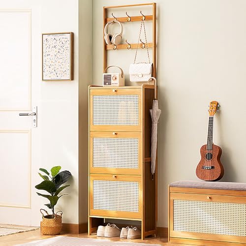 Meuble à chaussures en rotin tressé avec porte-manteau bois chic