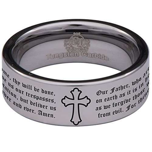 Silver Tungsten Carbide Lord's Prayer Ring 8mm Wedding Band Anniversary Ring for Men and Women Size 14.5
