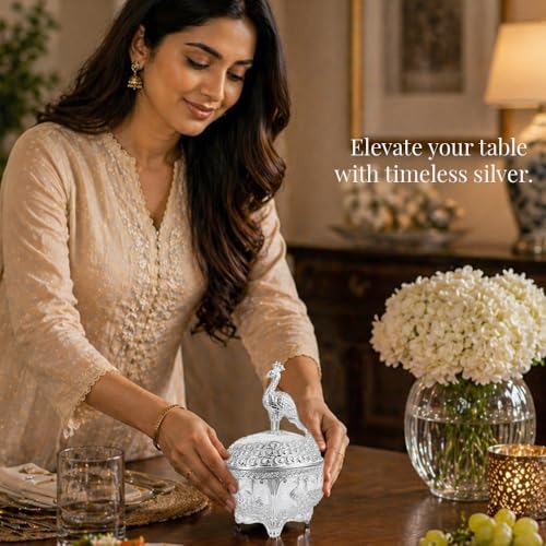 Image of Diviniti Luxury German Silver Peacock Sugar Bowl with Spoon & Gift Box | Royal Decorative Dry Fruit & Mishri Container | Premium Serving Bowl for Dining, Wedding & Festive Gift (16 cm) (Silver)