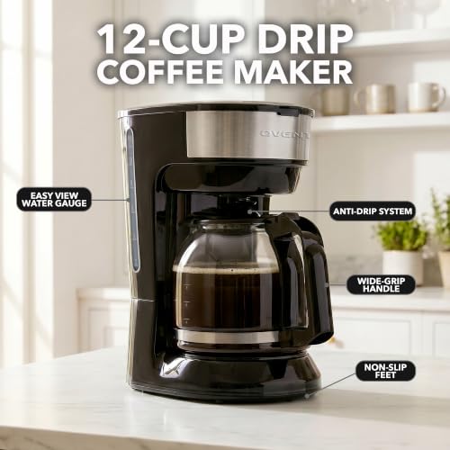 Image of OVENTE 12-Cup Drip Coffee Maker with Borosilicate Glass Carafe, One-Touch Operation Machine, Anti-Drip System, Reusable Filter and Clear View Water Level Gauge, Ideal for Home or Office, Black CM412B