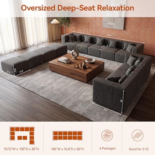 Image of MONVANE Modular Sectional Sofa, Oversized 12 Seat Convertible U Shaped Couch with Ottoman, Comfy Chenille Cloud Couch with Deep Seat, Sectional Couches for Living Room, No Assembly Required, Grey