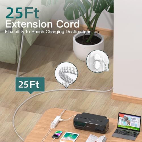 Image of 25FT Extra Long Extension Cord, Power Strip with 12 AC Outlets & 4 USB Port | Flat Plug Wall Mount, 1050J Overload Surge Protection, Outlet Extender for Garage Workshop Basement Office, ETL Listed, White