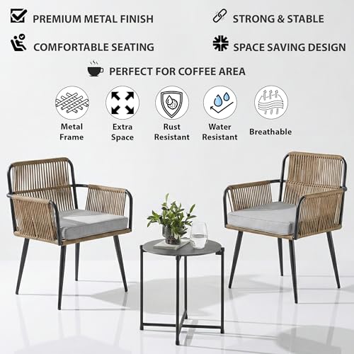Image of BRISHI Garden Patio Seating Chair and Table Set Outdoor Balcony Garden Coffee Table Set Furniture with 1 Table and 2 Chairs Set with Cushion Braid & Rope (Light Brown)