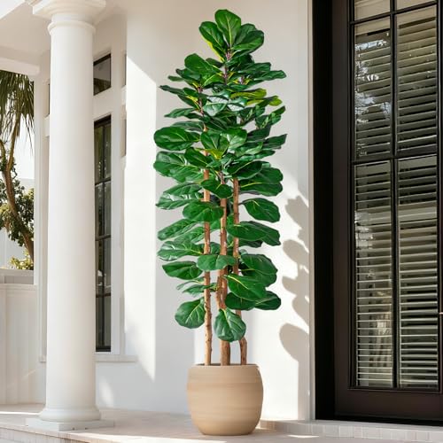 Image of Artificial Fiddle Leaf Fig Tree 6FT, Faux Fig Tree Indoor with Natural Wood Trunk & Realistic Leaves with Moss Pot Fake Ficus Tree Large Faux Floor Plant for Living Room Home Decor, House Plant