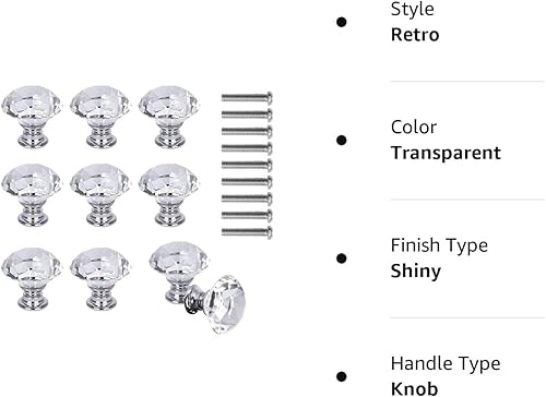 Miniatura 8 de 10 pomos de cristal para gabinete, 1.181 in con forma de diamante, manijas de cajón de cristal blanco transparente para armarios de cocina,