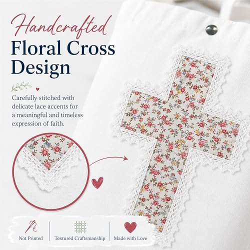 Image of Christian Tote Bag Gift for Women, Canvas Bible Bag Handmade Floral Cross | Christian faith-inspired gift, handcrafted cross with lace, inner pocket, snap closure, bottom gusset, church Bible study use