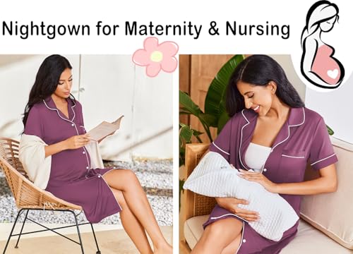 Image of Ekouaer Nightgowns for Women Button Down Sleepshirt Short Sleeve Nightshirt Boyfriend Pajamas V Neck Nightdress S-XXXL