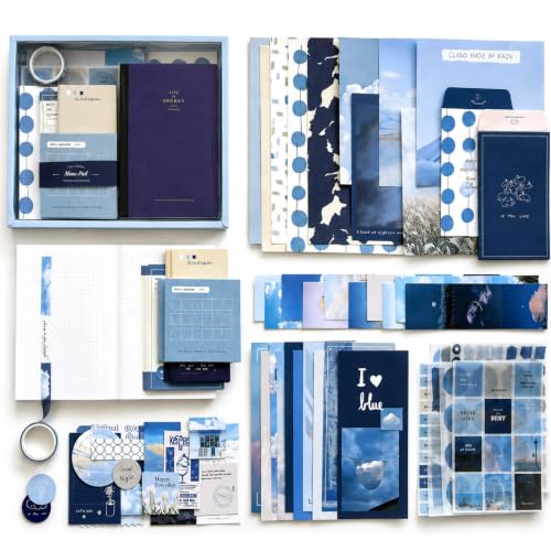 Image of RANDEN Blue Journaling Kit, 346PCS Vintage Scrapbook & Stationery Set with Aesthetic Stickers, Ephemera Pack and Journal Supplies for Bullet Journals, Planners, Albums & Creative Crafts (Warm Blue)