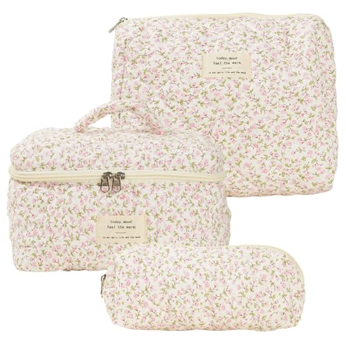 GSenhui Juego de 3 neceseres de maquillaje, bolsa de maquillaje, bolsa de coquette con flores, neceser para mujer, juego de 3 unidades, bolsa de belleza, bolsa grande de viaje, M4, Maletín de
