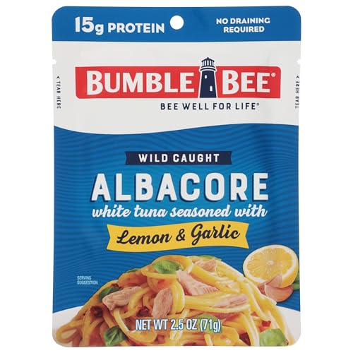 Image of Bumble Bee Lemon & Garlic Seasoned White Albacore Tuna in Water, 2.5 oz Pouch - Wild Caught Tuna - 15g Protein per Serving, High in Omega-3s - Non-GMO, Gluten Free - No Draining Required