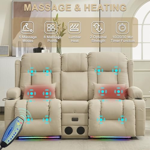 Image of URRED Power Loveseat Recliner Sofa with Massage and Heat, Wall Hugger Reclining Loveseat with Console, RV Couch Home Theater Seating with LED Lights for Living Room (Beige, 67 inch - 2 Seats)