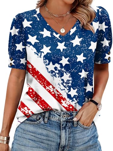 Image of OFEEFAN Womens Tops Short Sleeve Shirts Buttons V Neck Spring Fashion Summer Outfits Plus Size Blouses Dressy Casual