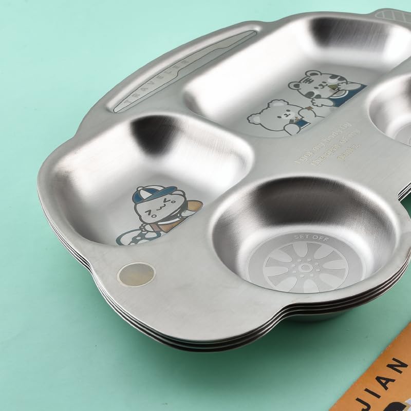 Image of Happy Hues Stainless Steel Divided Meal Plate Tray-3 Compartments Dinner Dish for Baby (Bus 02)