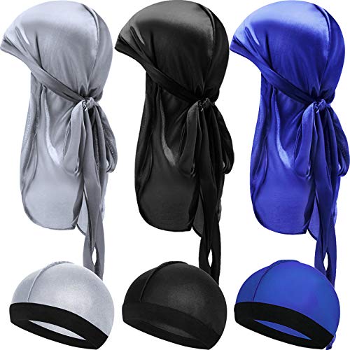 Image of 6 Pieces Kids Satin Durags with Wave Caps Set Unisex 360 Wave Headwraps with Long Tail and Wide Straps