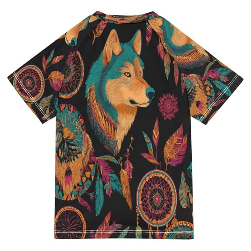 Boys Short Sleeve T-Shirts Dream Catcher Ethnic Wolf Rashguard Kids Swim Shirts Sun UPF 50+2