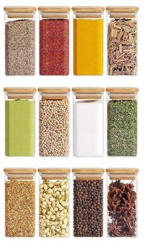 Image of Square Borosilicate Glass Jars with Silcone Seal Airtight Bamboo Lids 330 ml Tea Clear Kitchen Storage Jar with Bamboo Kitchen Canister Set Of 12(12, SQUARE BAMBOO LID GLASS JAR 330 ml -)