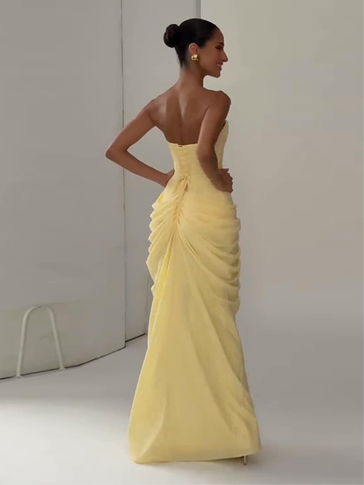 Vestito Elegante Abito da Festa Senza Cinturine Donna - Split Maniche Piegato in Vita per La Primavera, Sera E Gli Eventi Speciali-Yellow-s
