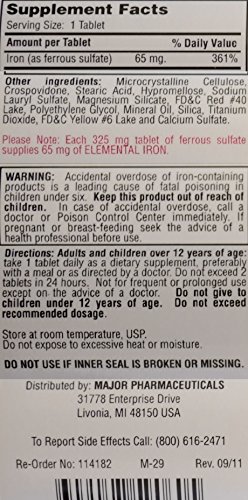 Ferrous Sulfate Fc 325Mg (5Gr) Generic For Feosol Red Tablets 100 Tablets Per Bottle 6 Pack Total 600 Tablets #TOP1