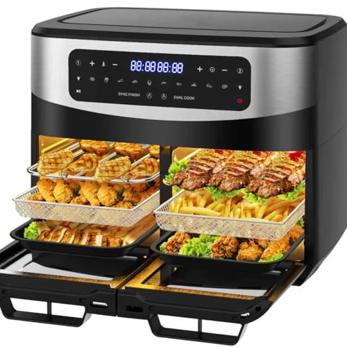 Dewelling Heißluftfritteuse Dual Zone 12L - XXL Airfryer mit herausnehmbarem Trenner, 2600W Heissluftfritteuse Doppelkam...