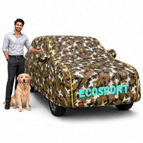 Image of Waterproof Car Cover for Ecosport | Soft Cotton Lining Heavy Duty Triple Stitched Heat Resistant Outdoor Cover Comes with Mirror and Antenna Pocket Full Bottom Elastic (Zig Zag Jungle)