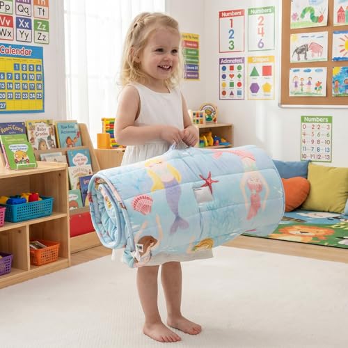 Image of PHF Soft Toddler Nap Mat with Removable Pillow, Rollup Design Kids Sleeping Mat, Slumber Bags for Girls, 55 inchx23 inch Toddler Sleeping Bag for Daycare Preschool Travel Camping, Mermaid & Sea