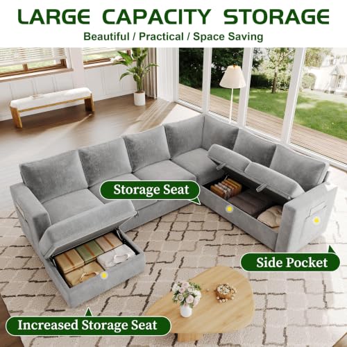 Image of 106.7 inch Chenille Sectional Sleeper Sofa, Pull Out Couch with Storage, Gray | 7 Seat Comfy Couches for Living Room, Apartments, or Guest Spaces; Sectionals Modular Sofa Design, Comfortable Seating.