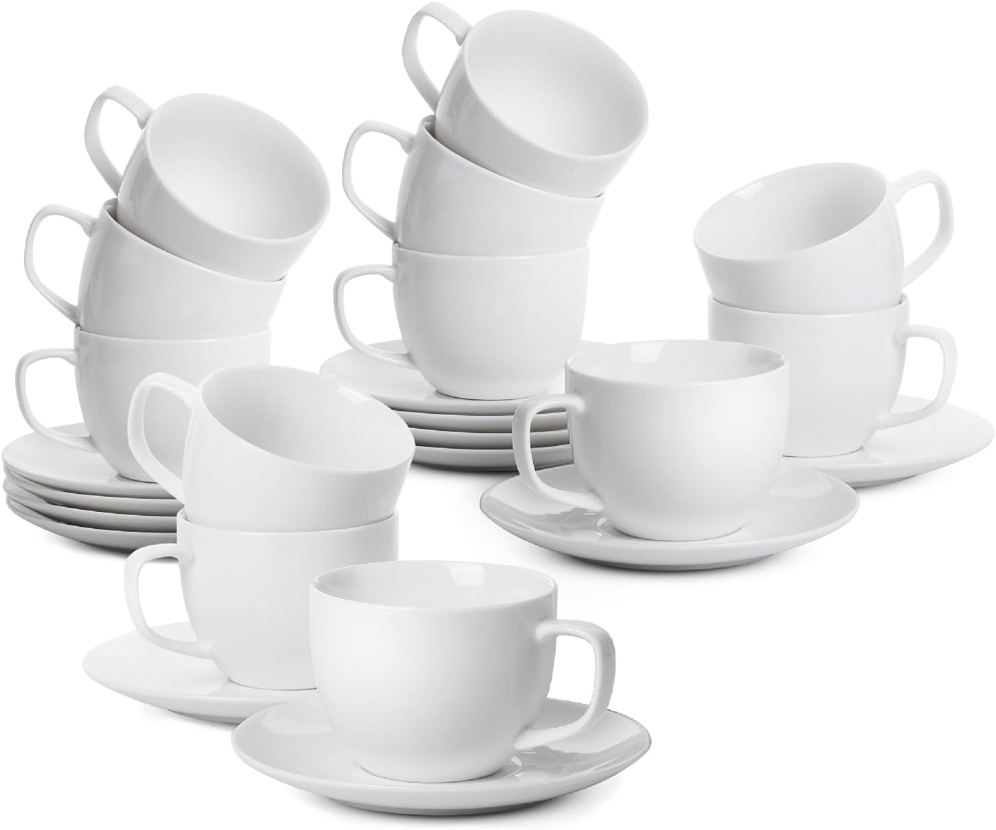 BTaT- Cappuccino Cups with Saucers 8 oz, Set of 12, White Porcelain Coffee Cup and Saucer Set for Latte, Mocha, Tea, Au Lait, Flat White, Dishwasher, Microwave Safe, Mothers Day Gift