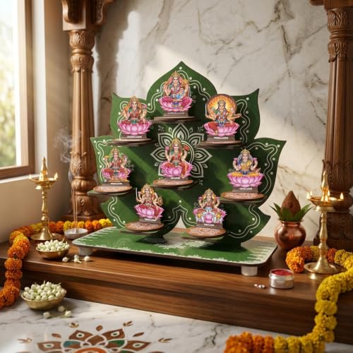 Image of Ashtalakshmi MDF Idol Set with Detachable Display Stand | 8 Lakshmi Idols with Separate Bases | Pooja Mandir Decor for Varalakshmi Vratam, Diwali and Housewarming(Green)