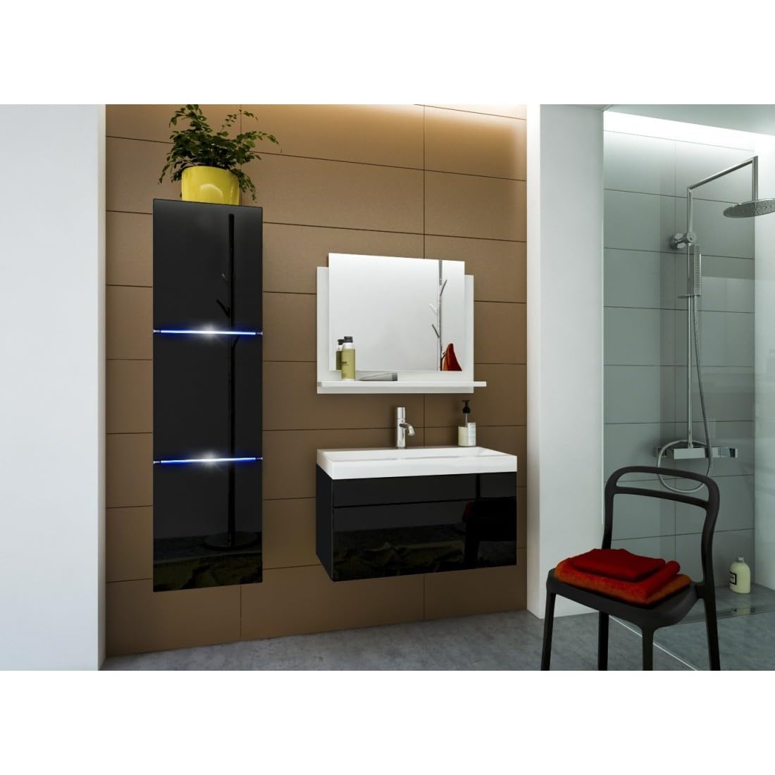 Meublorama Mobile sottolavabo sospeso Collezione Raven, Colore Nero Opaco e Lucido, con lavabo e sifone Incluso.