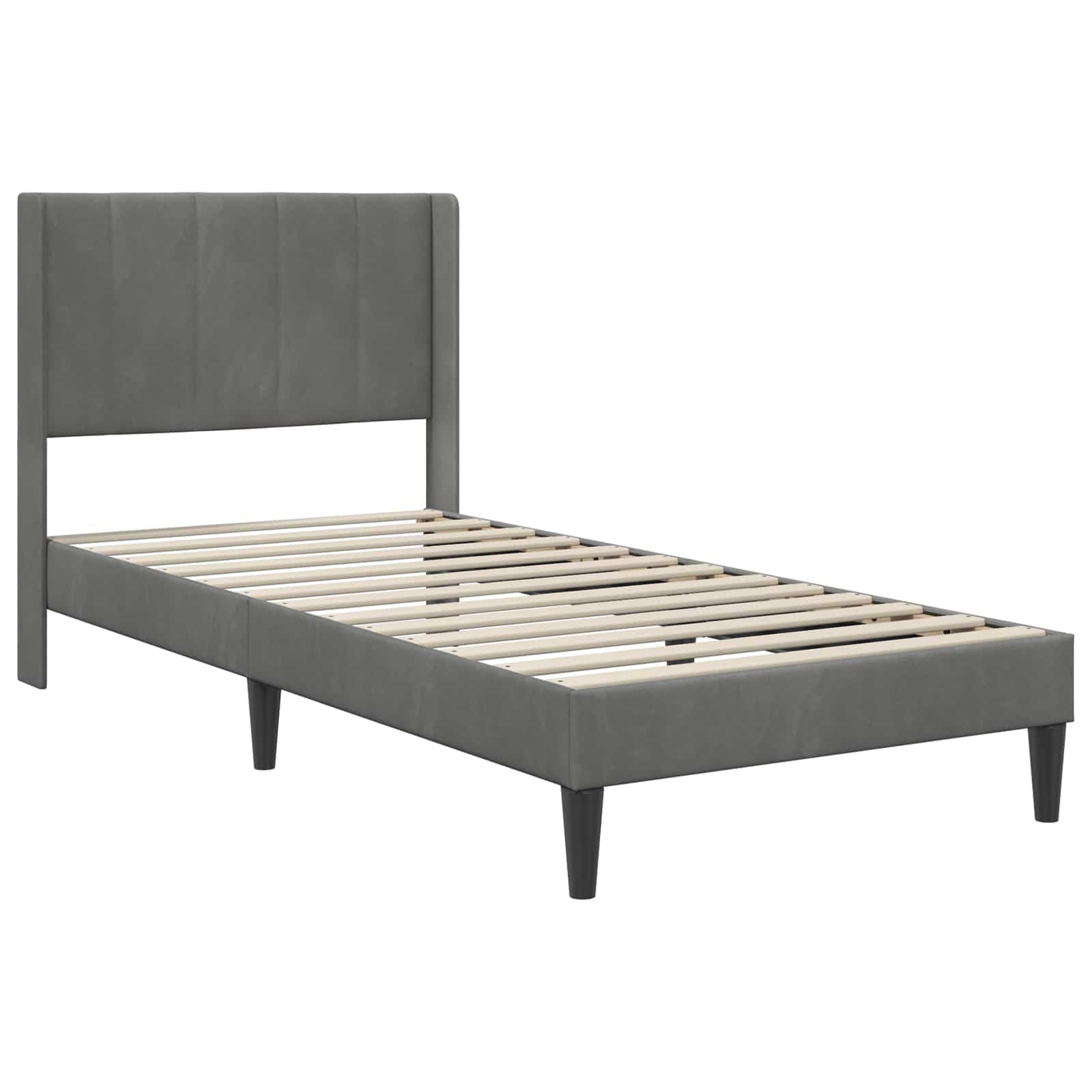 Ciemnoszara rama łóżka z materacem 100 x 200 cm, aksamitna poszewka, rdzeń ze sprężyn kieszeniowych, stelaż ze sklejki, ergonomiczna, oddychająca, nadaje się do prania, łóżko pojedyncze do