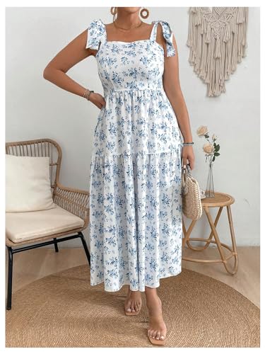 Floerns Women's Plus Size Floral Print Tie Shoulder Ruffle Hem Cami Long Dress3